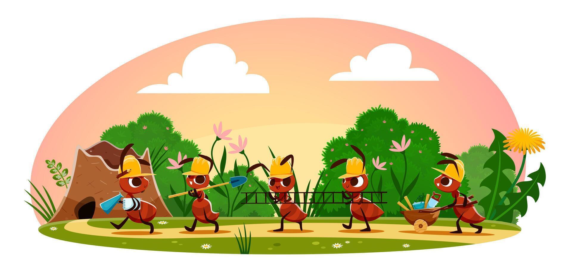 Cartoon ant builders characters team near anthill vector
