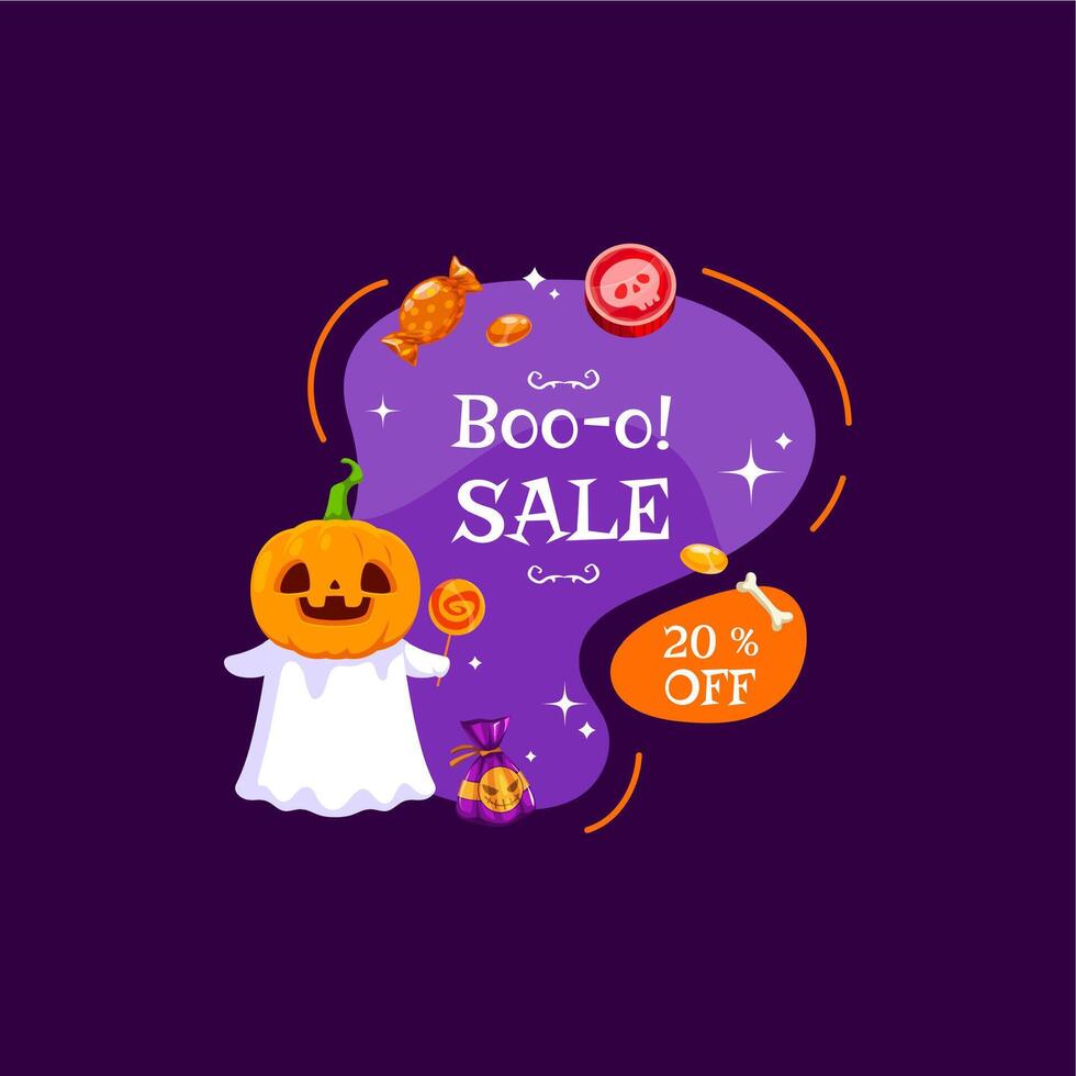 Halloween sale banner, sweets ghost and pumpkin vector