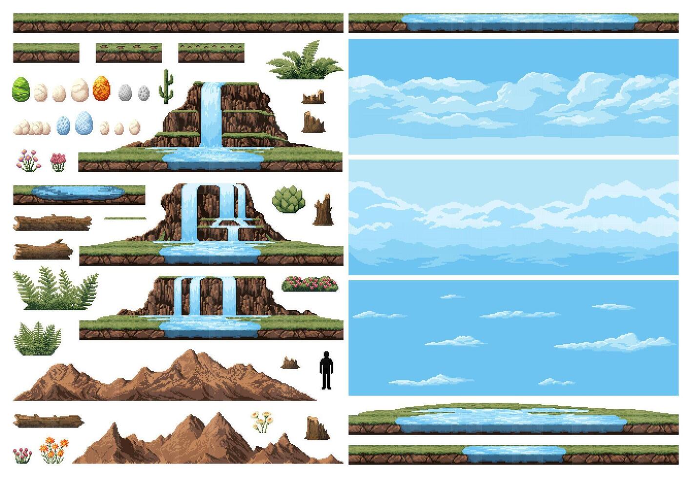 Dinosaur era environment pixel game assets set vector
