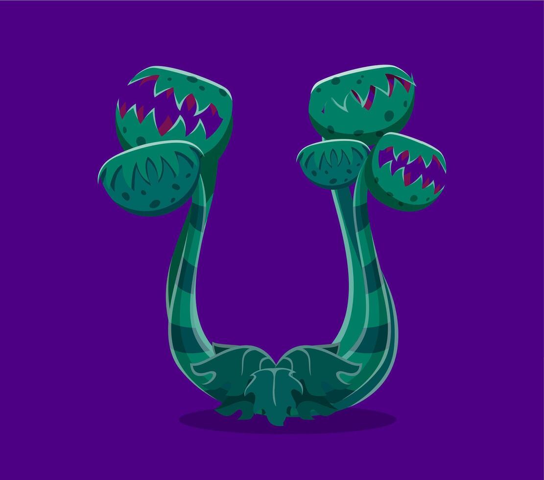 Halloween font, letter U monster plant with teeth vector