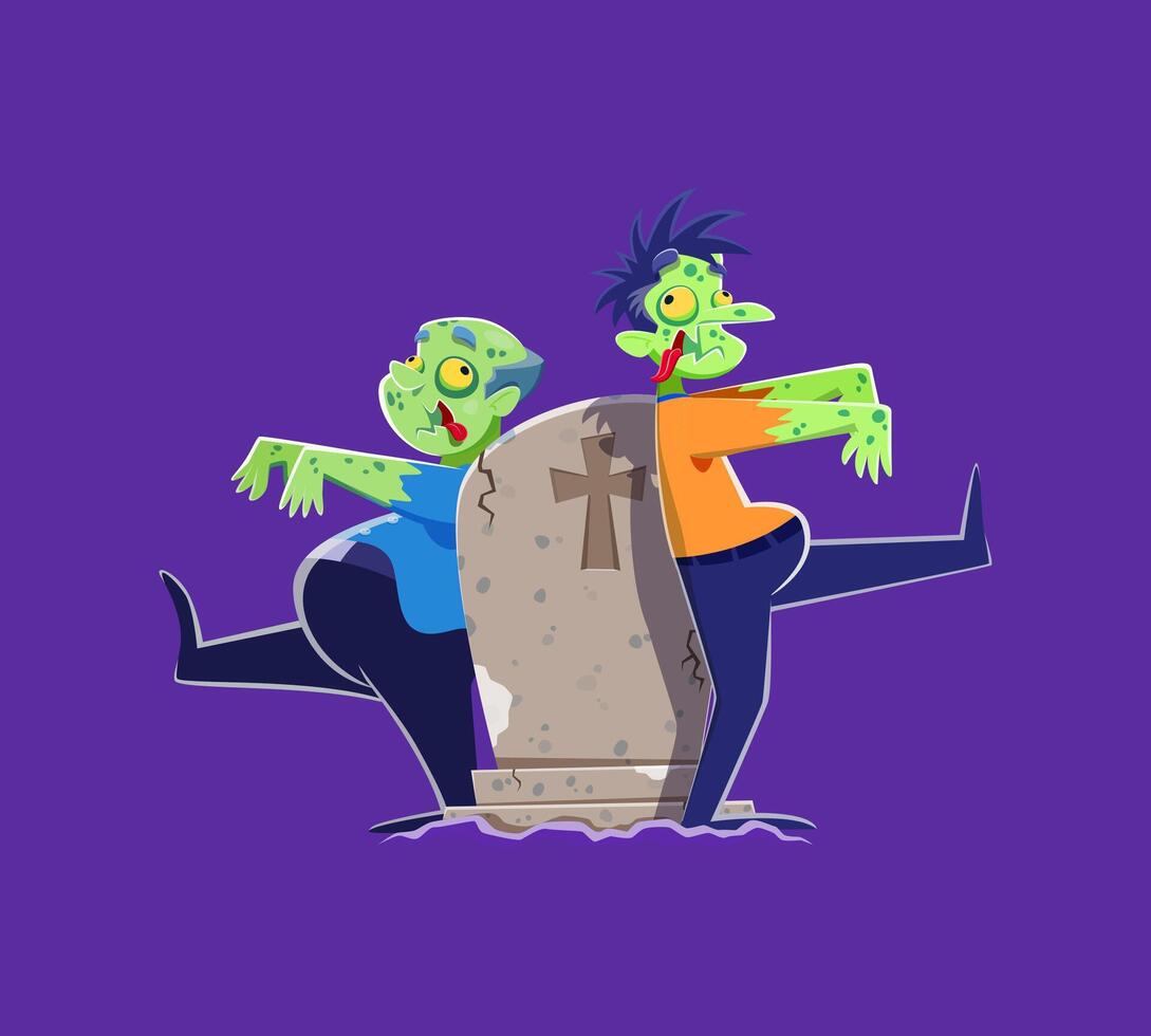 Cartoon Halloween zombie characters near tombstone vector