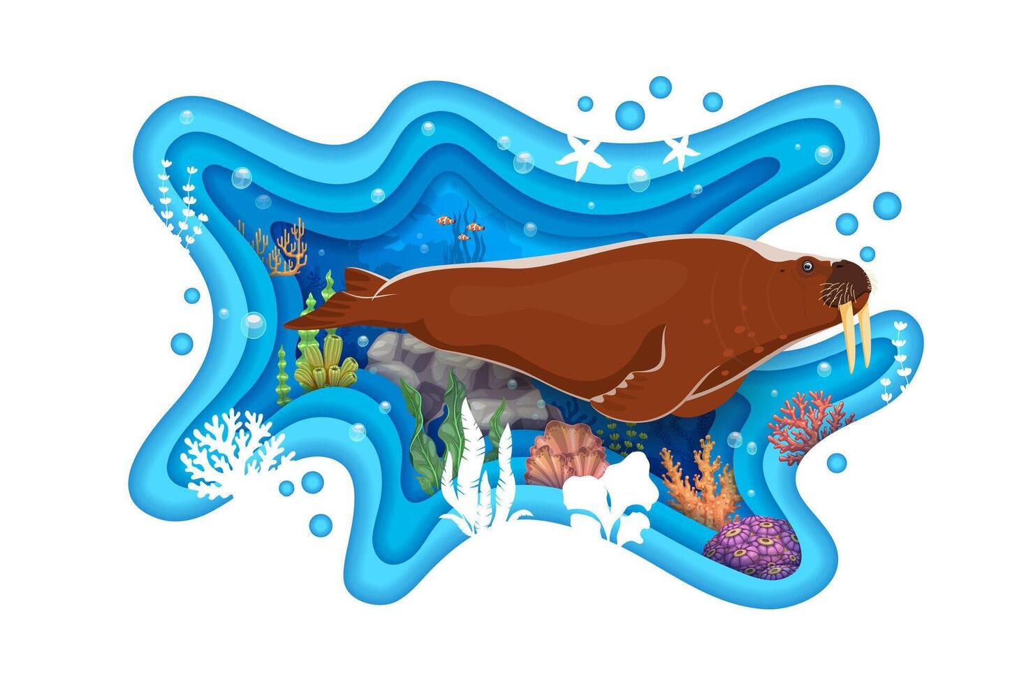 Save sea paper cut banner with walrus animal vector