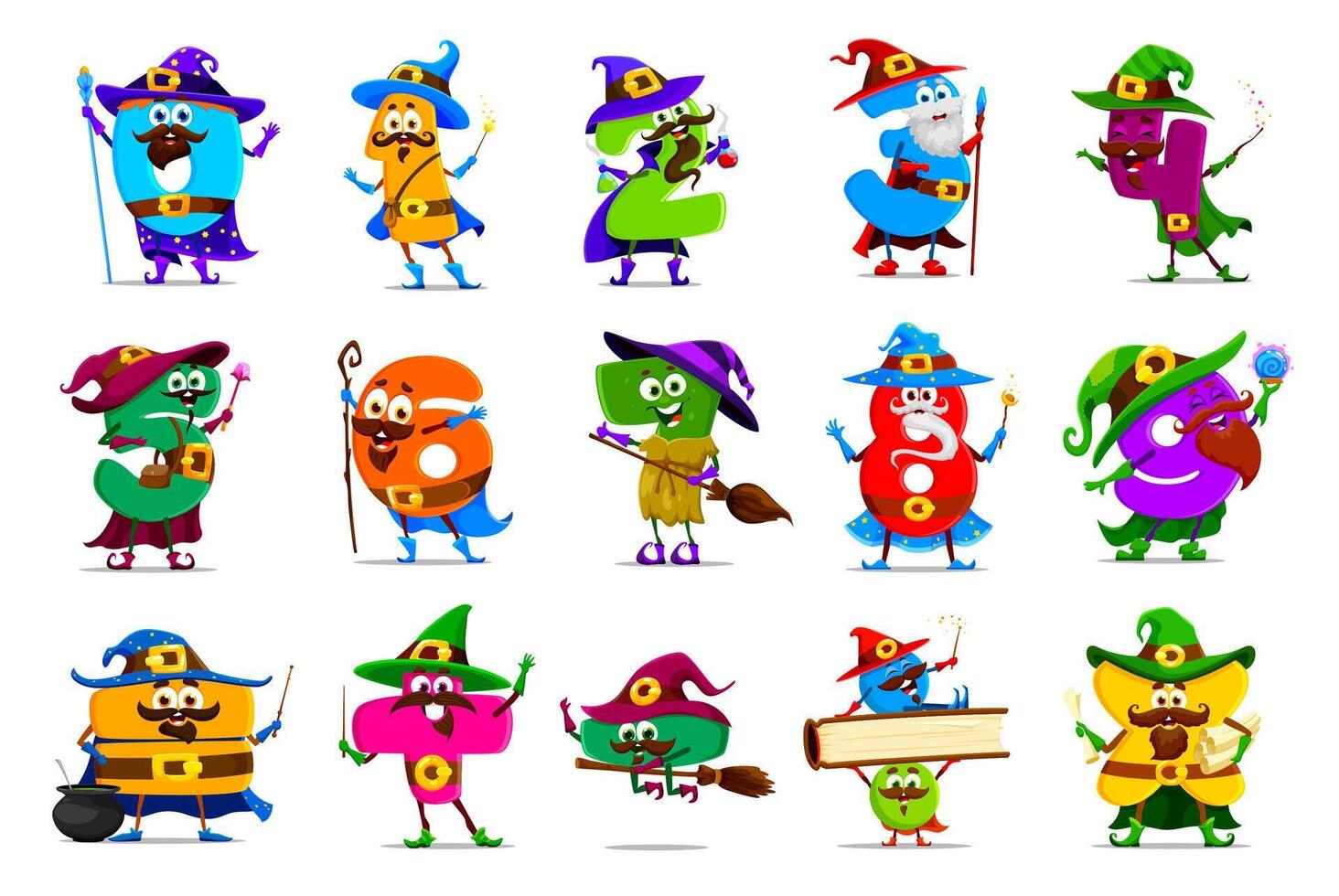 Cartoon Halloween math number wizard, and mages vector