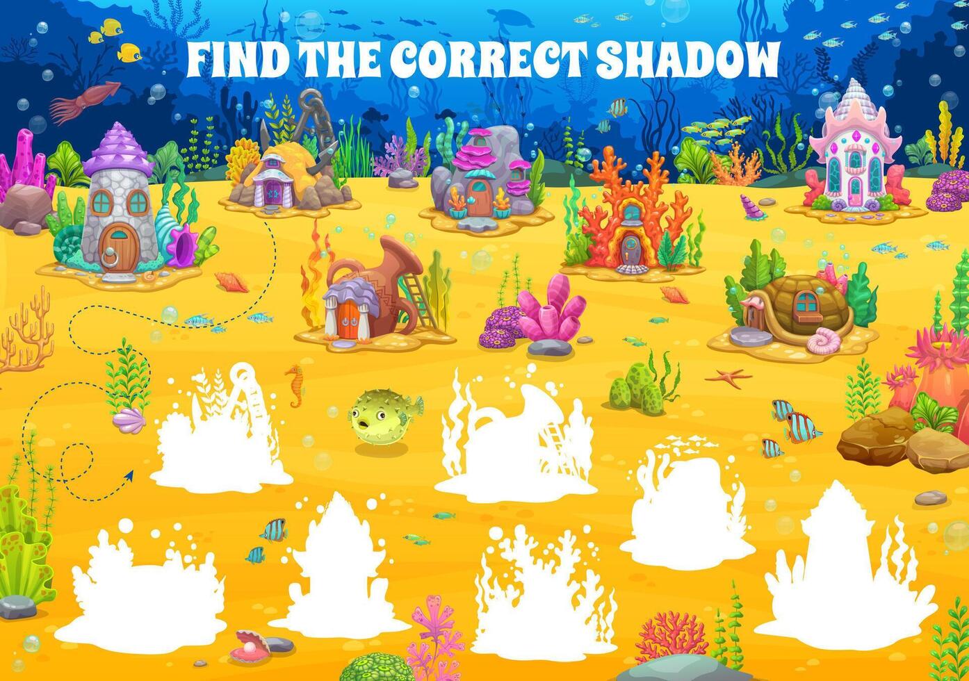 Kids game find correct shadow of underwater houses vector