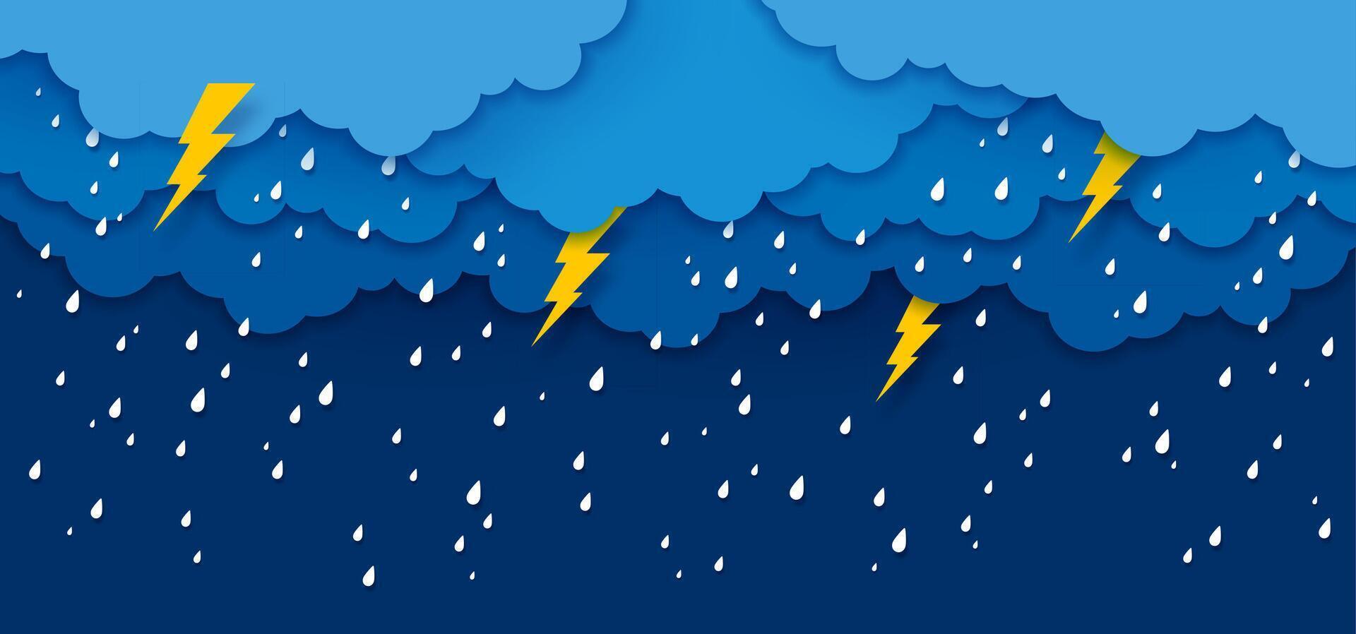 Paper cut rain sky, clouds with drops and bolts vector