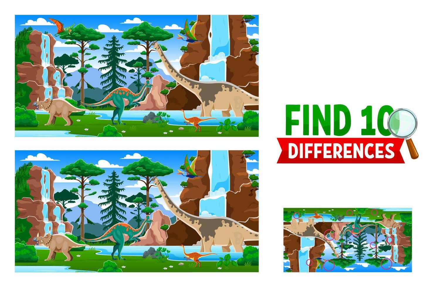 Find ten differences between prehistoric dinosaurs vector