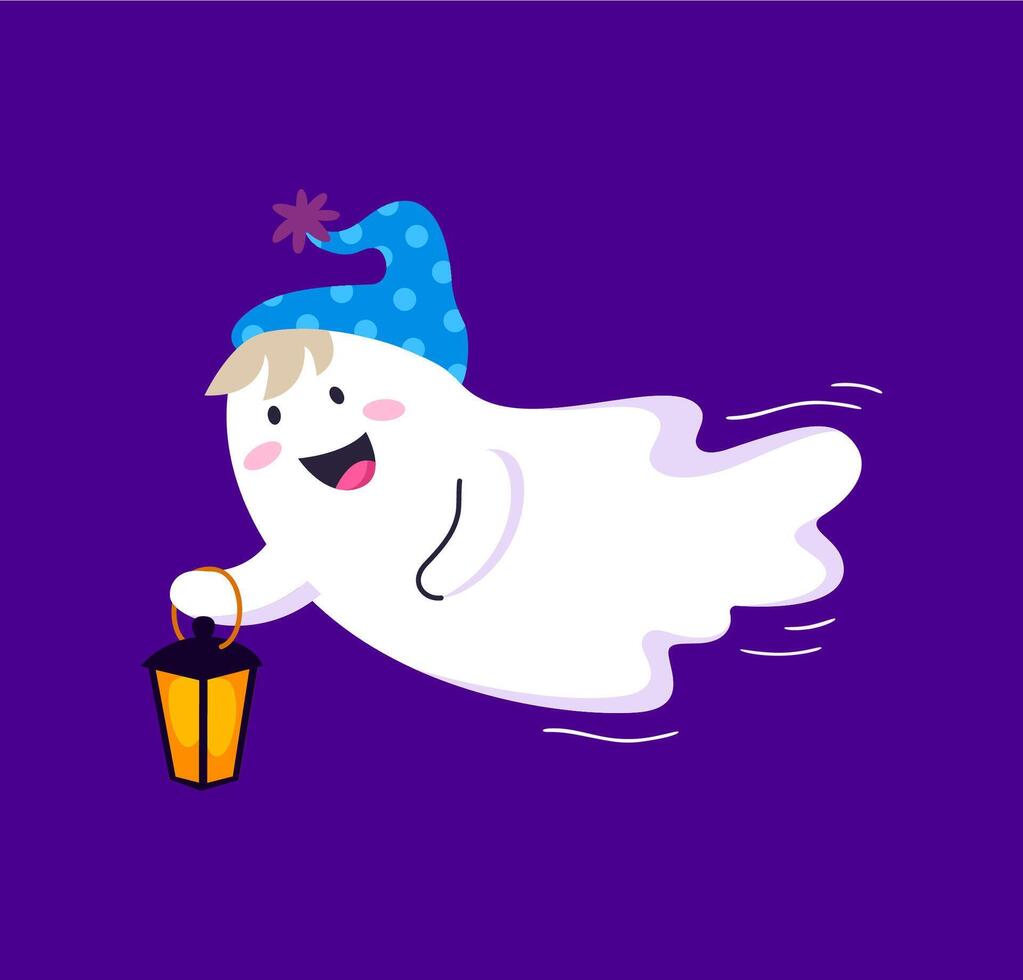 Funny cartoon Halloween kawaii ghost with lantern vector