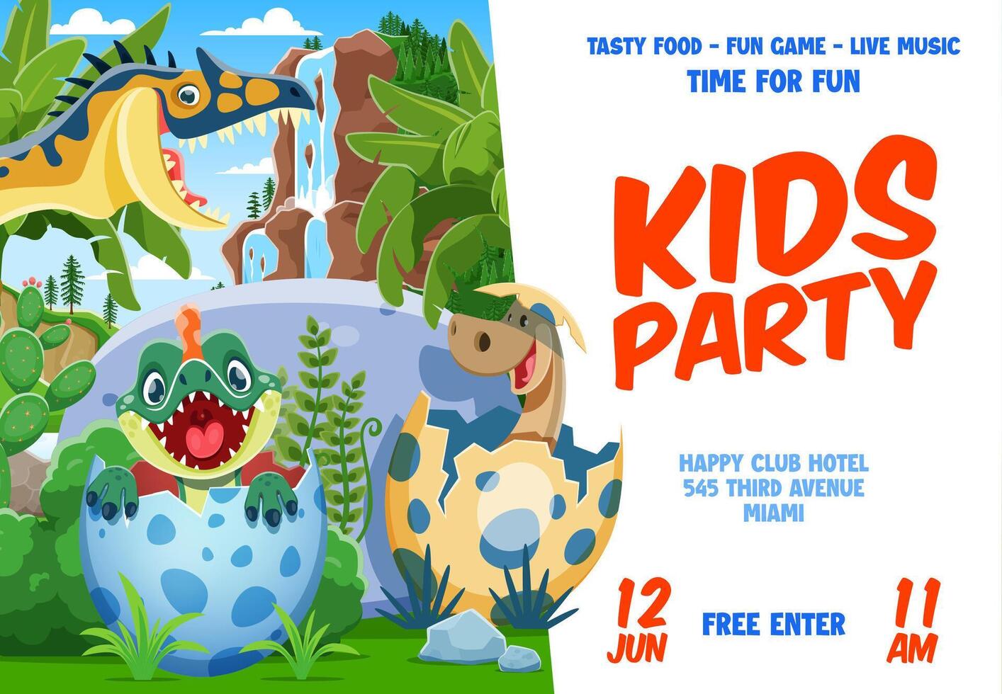 Kids party flyer, cute little dino in egg shells vector