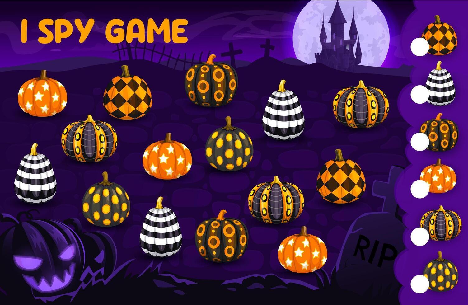 I spy game, Halloween patterned pumpkins puzzle vector