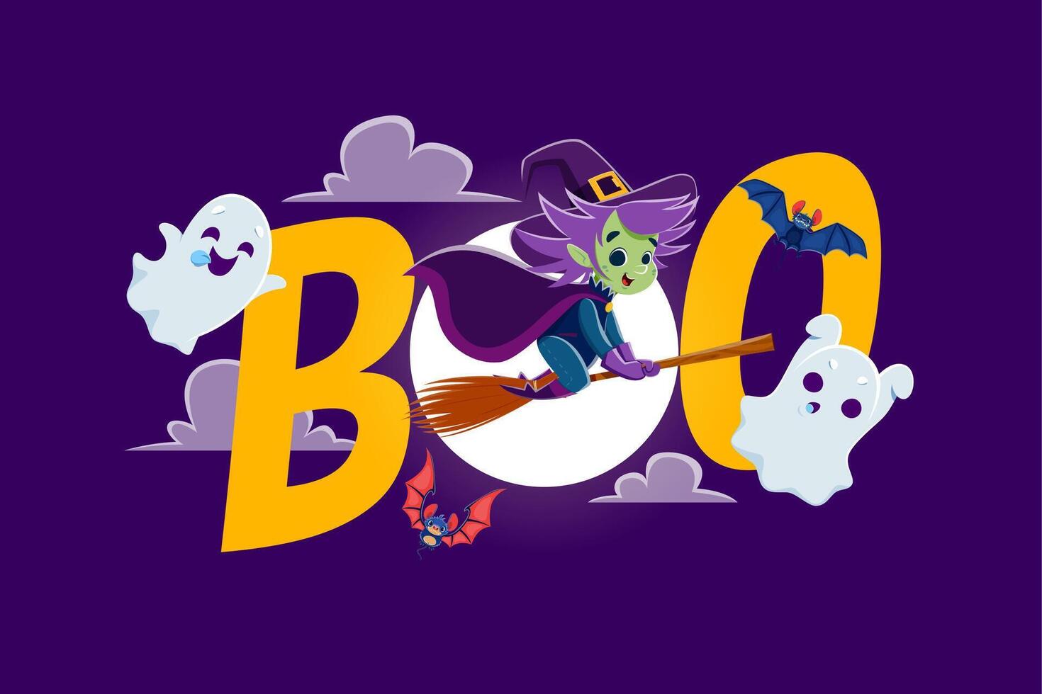 Boo Halloween banner, cute witch flying on broom vector