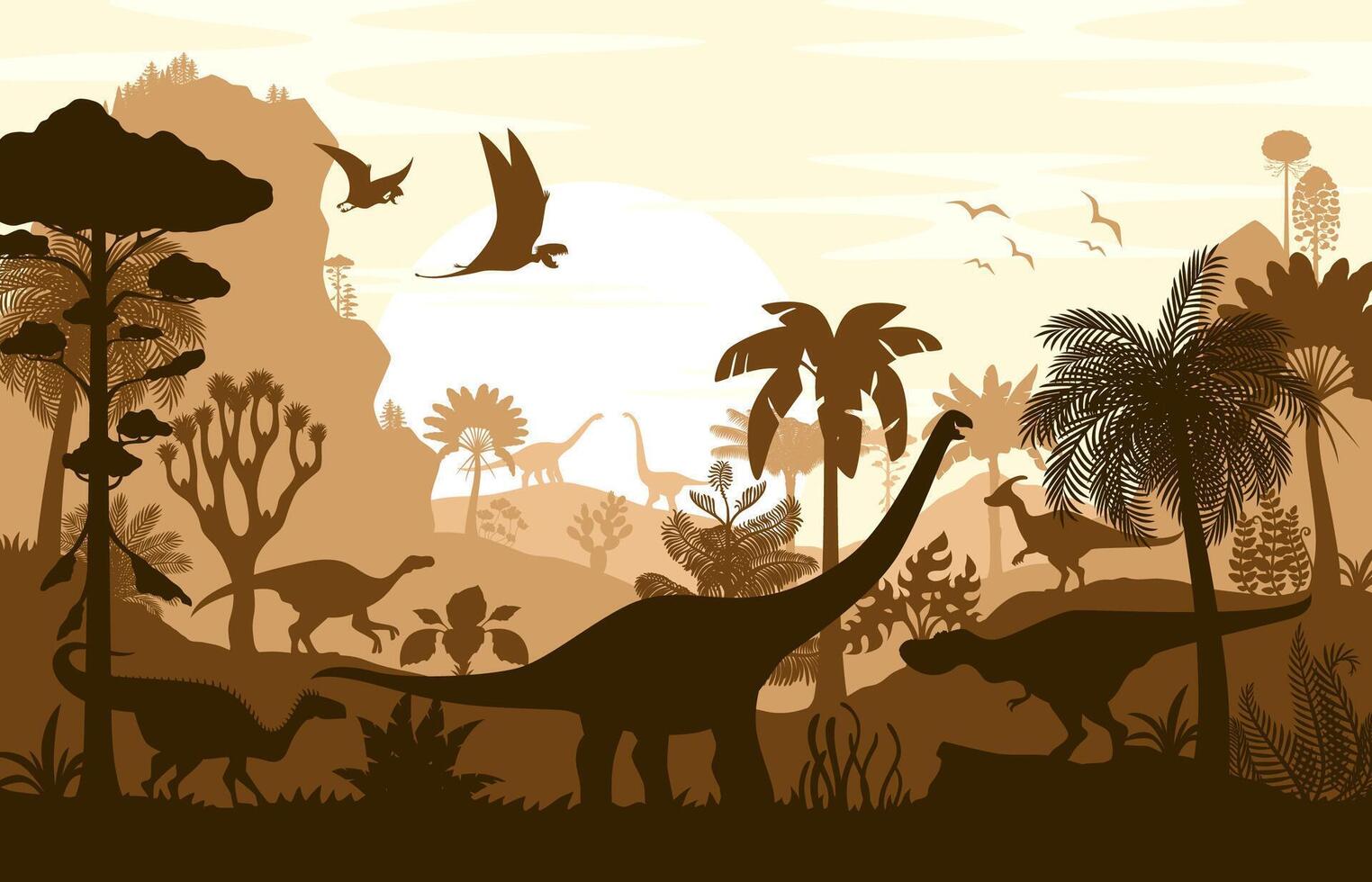 Dinosaur silhouettes, shadow jurassic scene vector