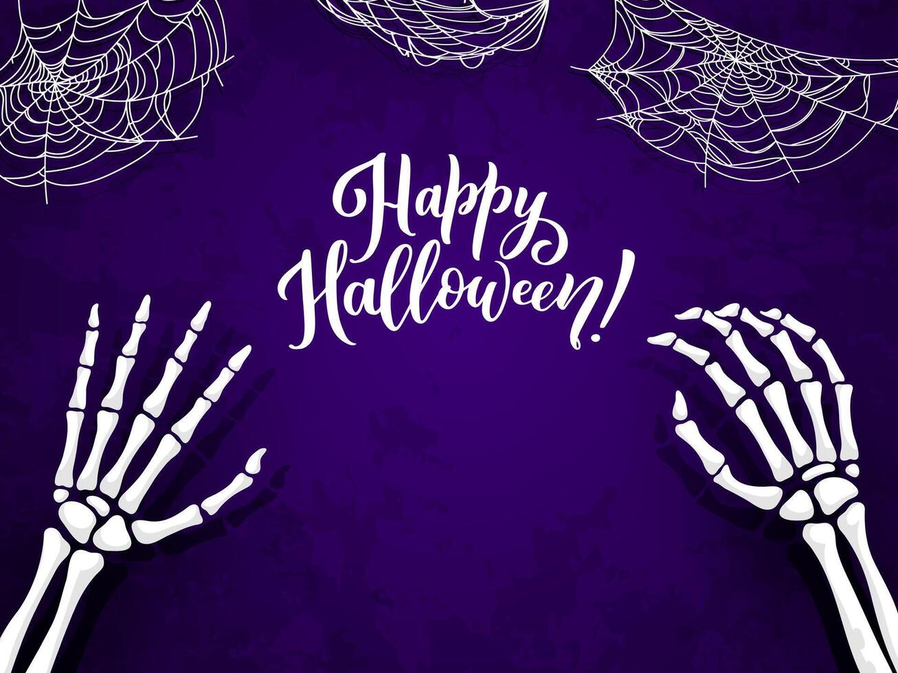 Halloween poster with skeleton hands and cobweb vector
