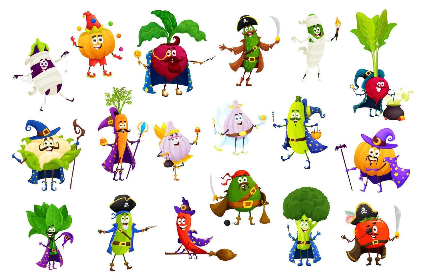 Cartoon Halloween vegetable characters set vector