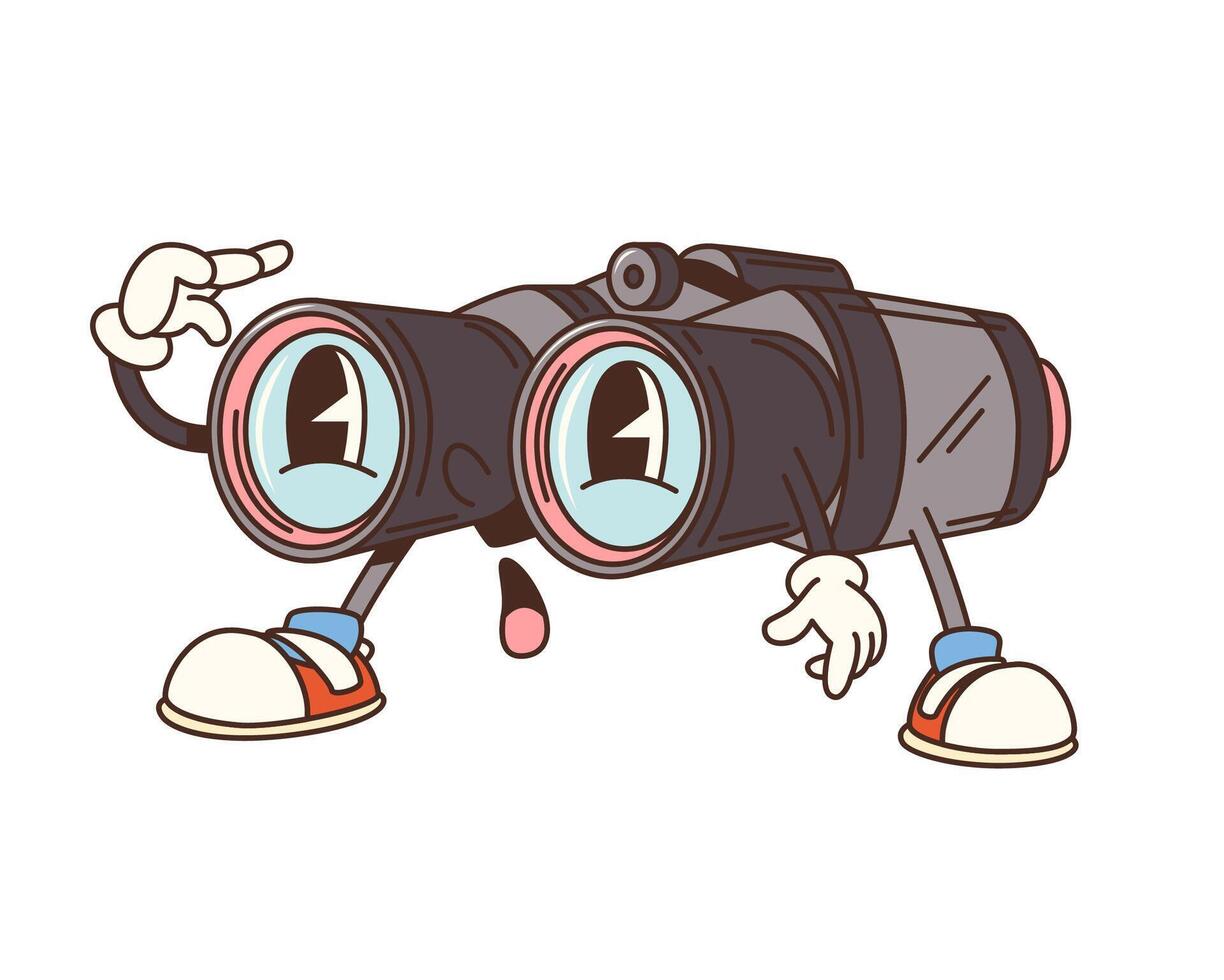 Cartoon groovy travel binoculars, camp character vector