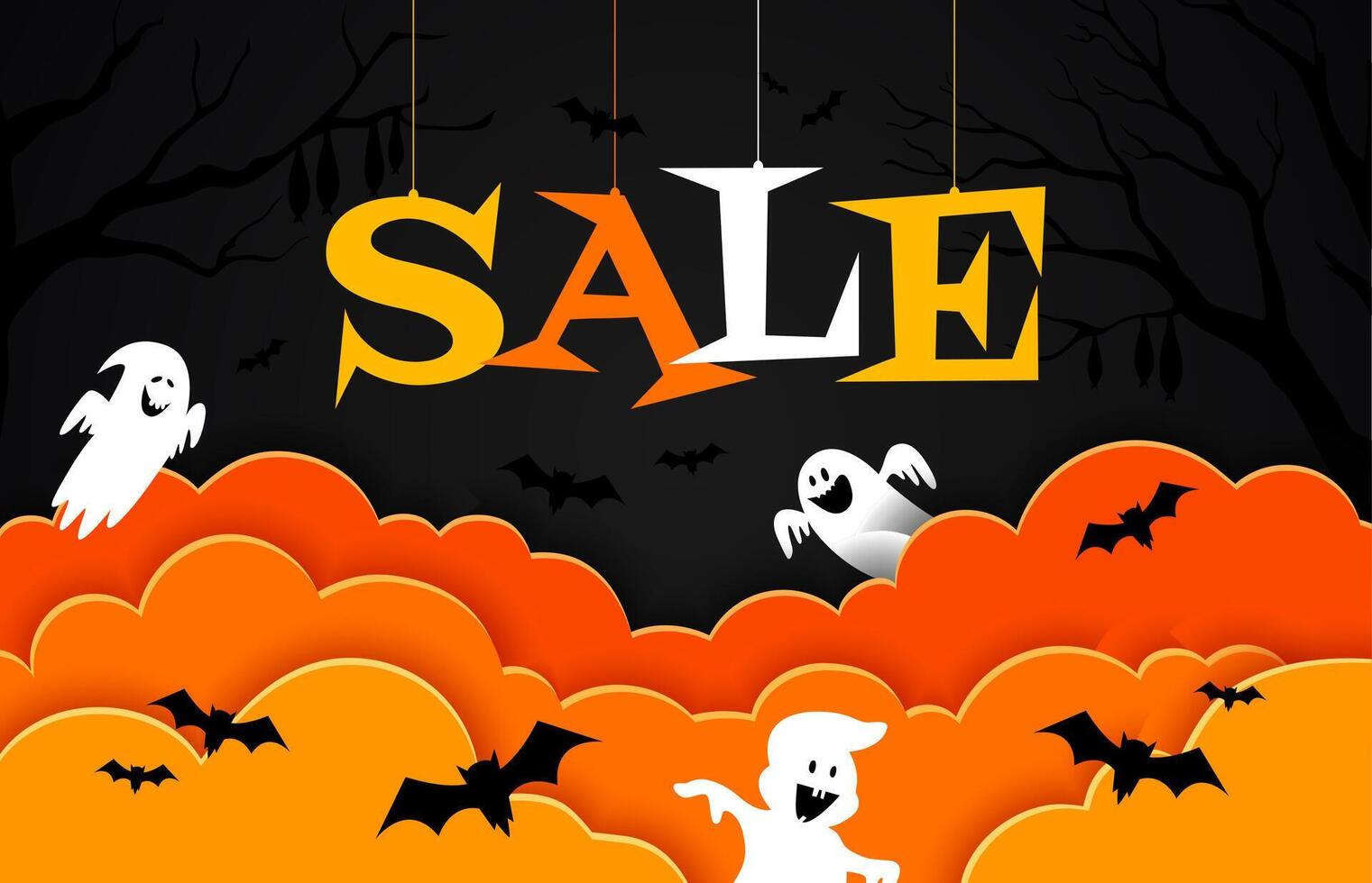 Halloween paper cut sale banner, ghosts and bats vector