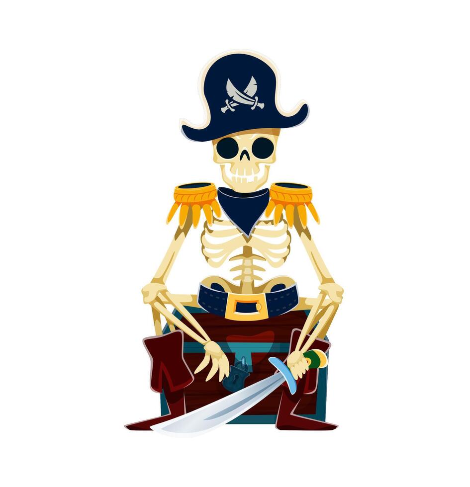 Cartoon skeleton pirate sitting on treasure chest vector