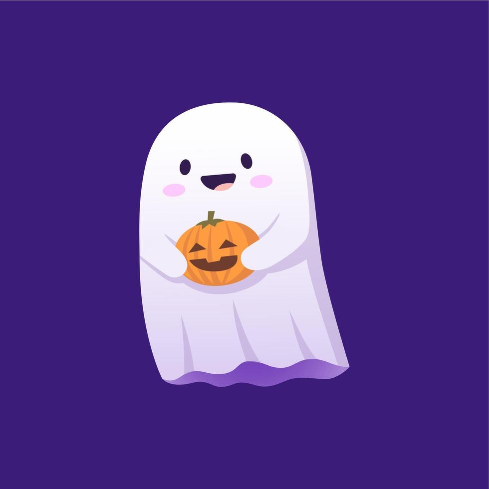 Halloween kawaii ghost character with pumpkin vector