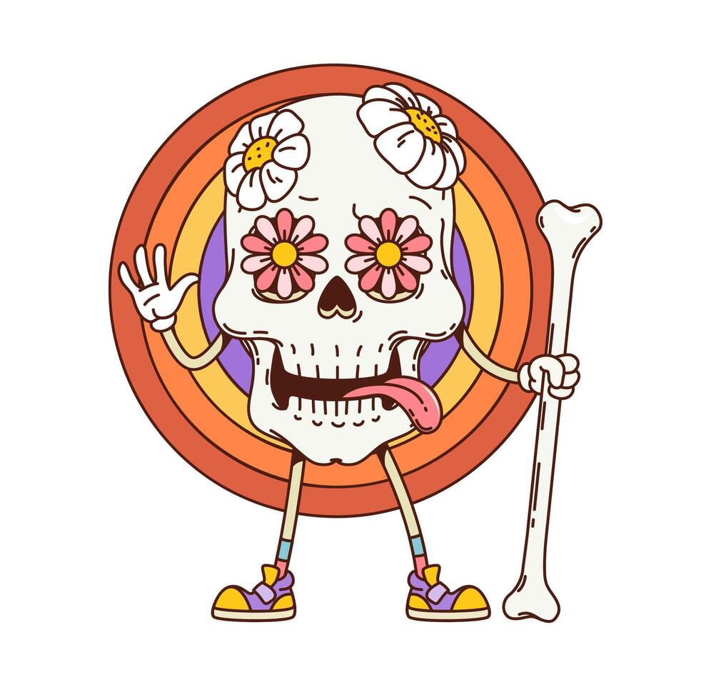 Retro groovy Halloween sugar skull funny character vector