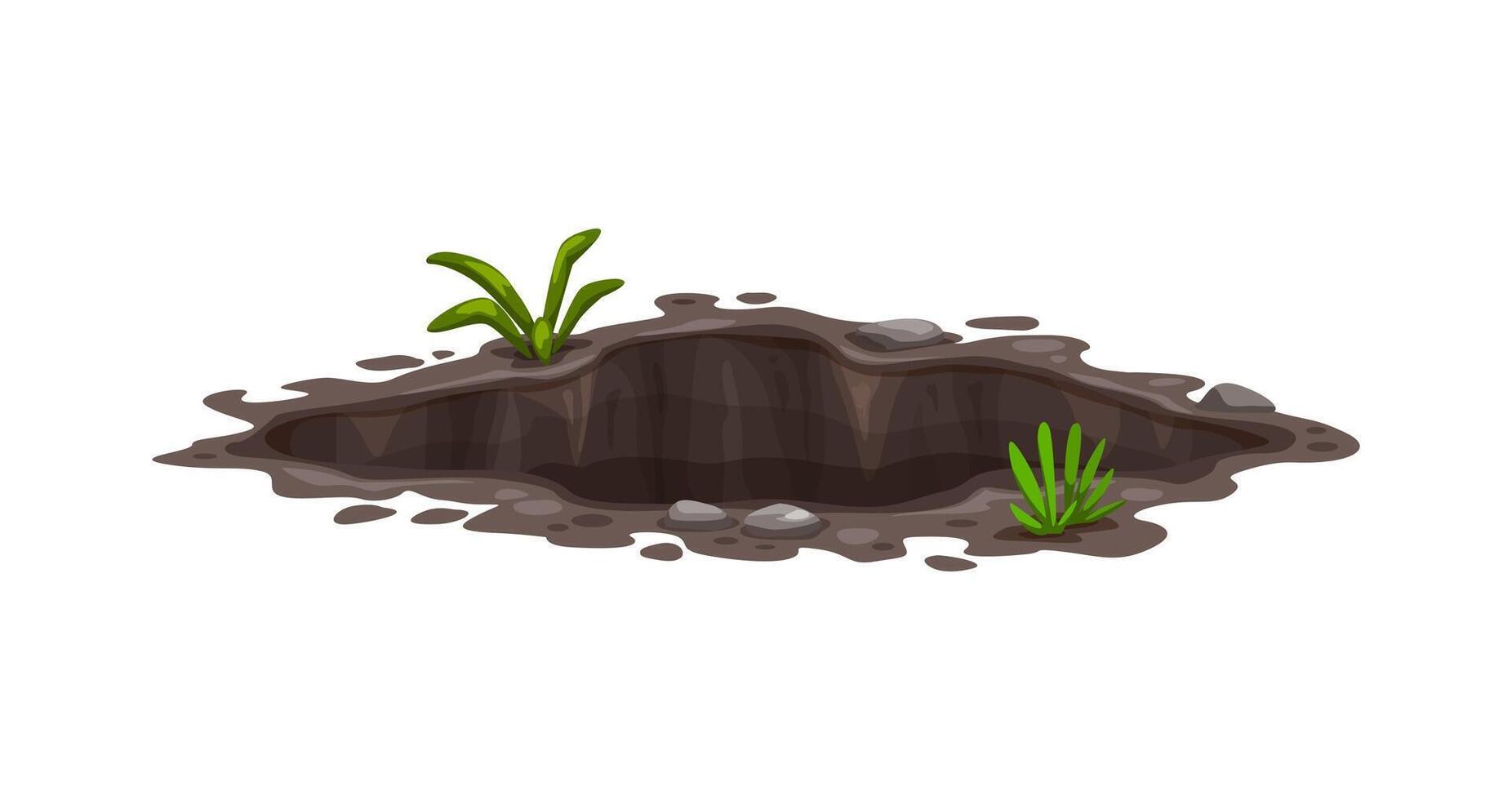 Ground hole or pit burrow in earth, deep dirty dig vector