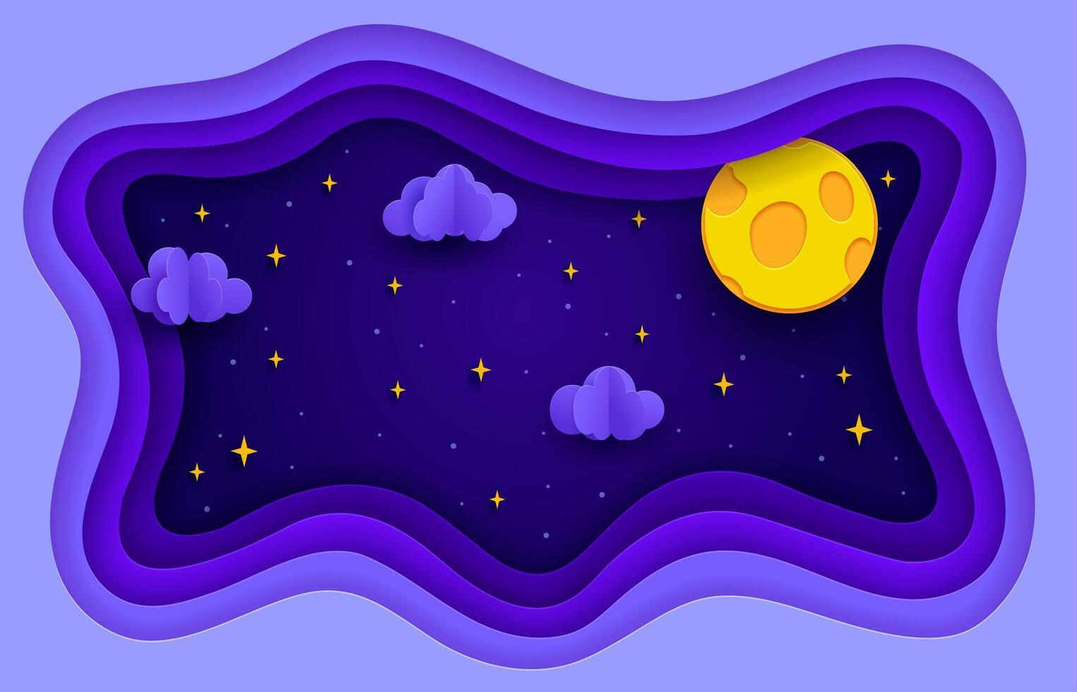 Paper cut night sky moon, clouds and stars, vector