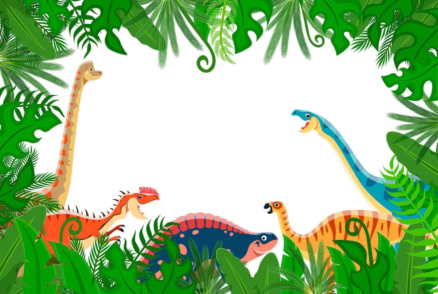 Funny dinosaurs in jungle lianas leaves frame vector