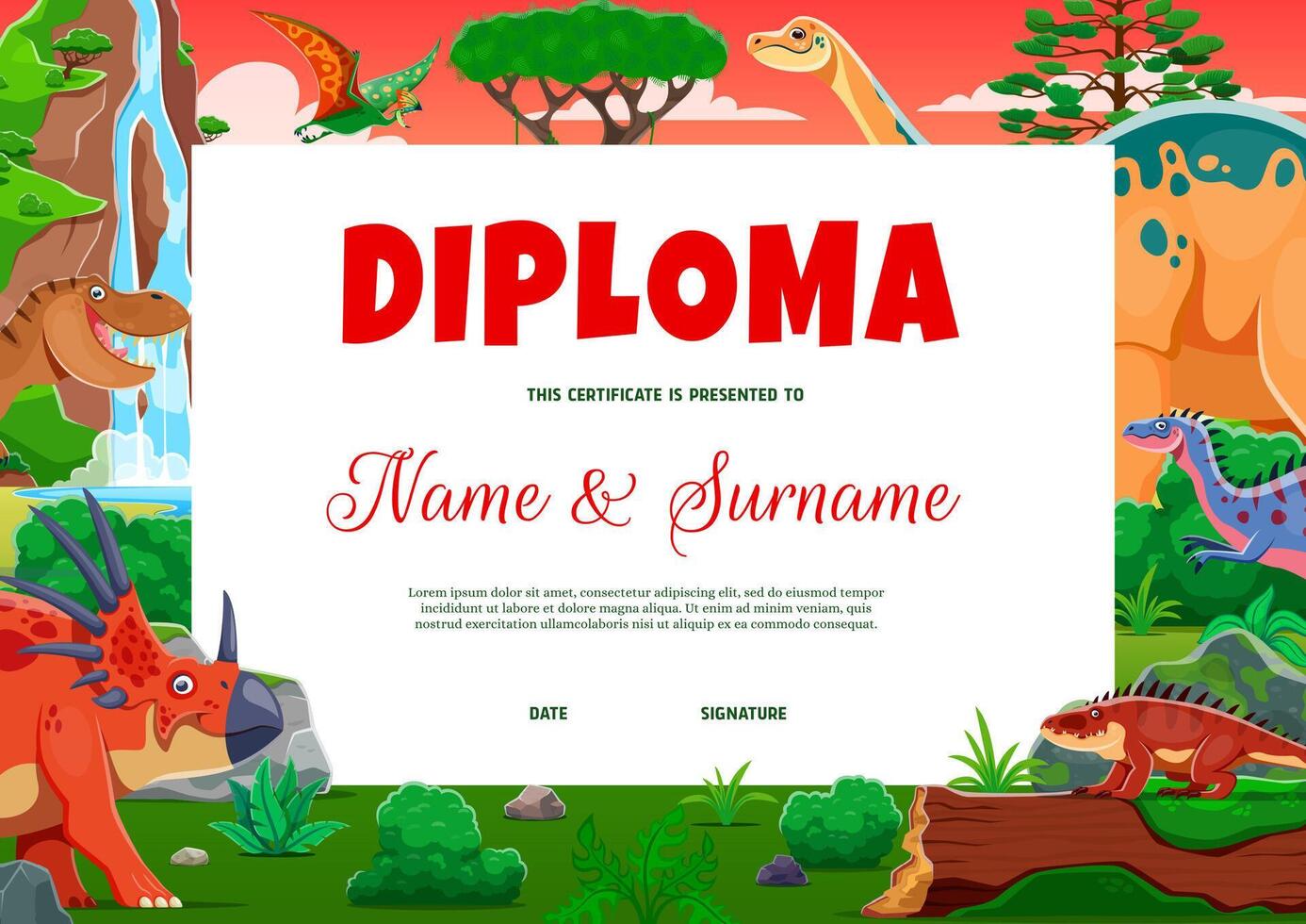 Kids diploma, funny dinosaurs on sunset background vector