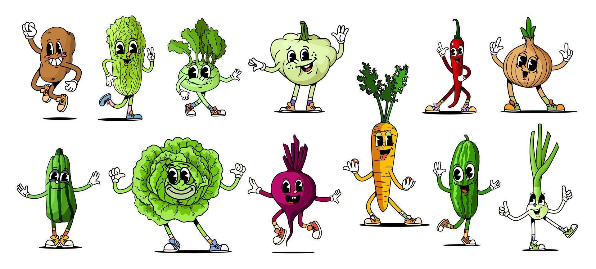 Cartoon retro groovy cheerful vegetable characters vector