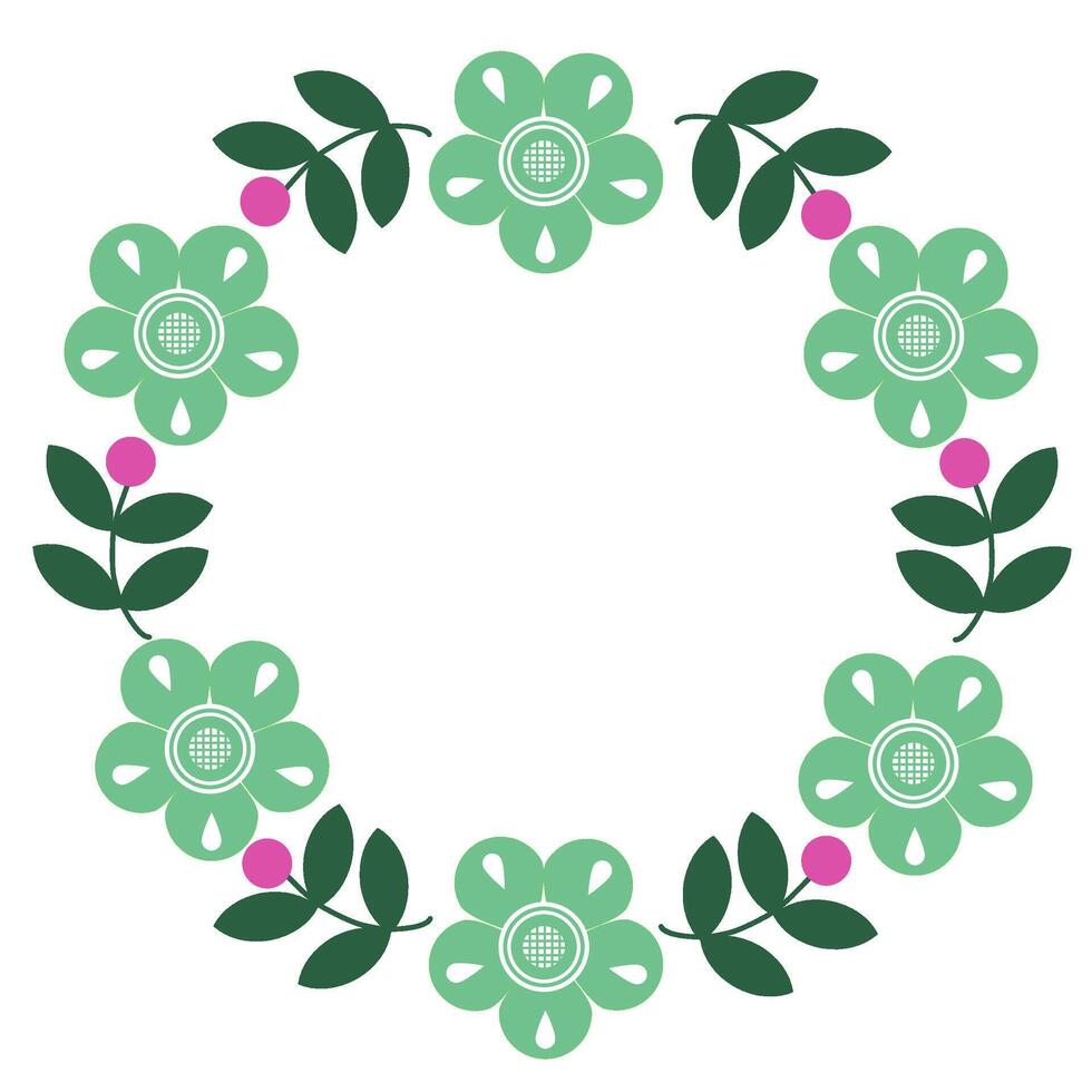 flowers style Scandinavian folk art ,floral greeting card on pattern, green ,white and pink ornament ,design elements. vector