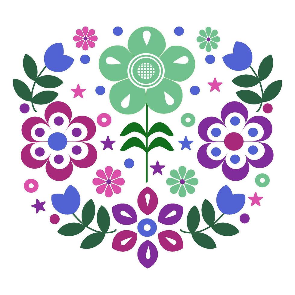 flowers style Scandinavian folk art ,floral greeting card on pattern, green ,purple,pink and blue ornament ,design elements. vector