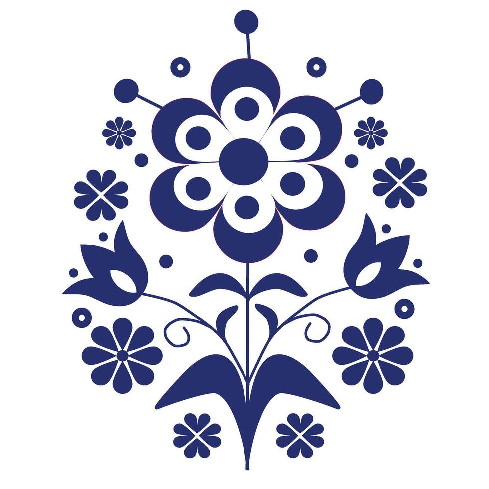flowers style Scandinavian folk art ,greeting card pattern,tulip,dot,flower water drop shape, flower heart shape ,circle shape ,blue and white ornament ,design elements. vector