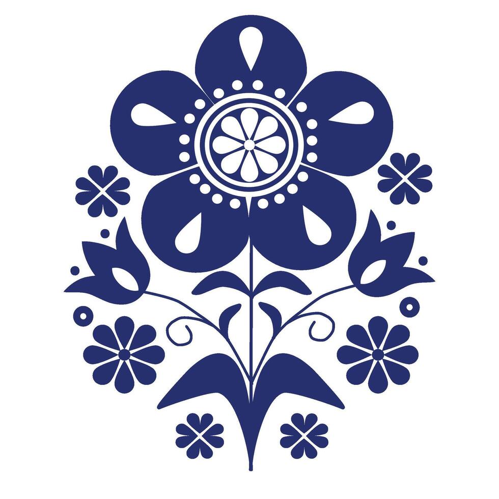 flowers style Scandinavian folk art ,tulip,dot,flower water drop shape, flower heart shape ,circle shape ,blue and white ornament ,design elements. vector