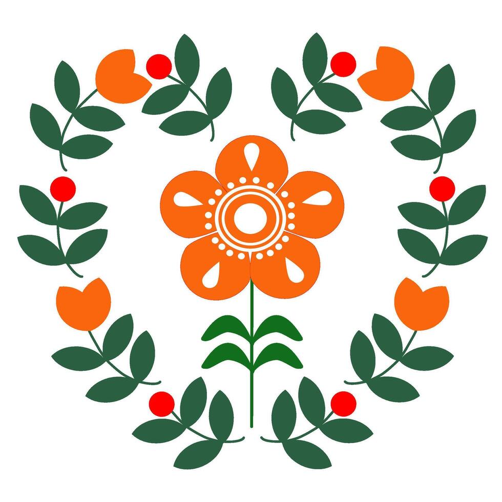 flowers orange color style Scandinavian folk art ,floral greeting card on pattern vector