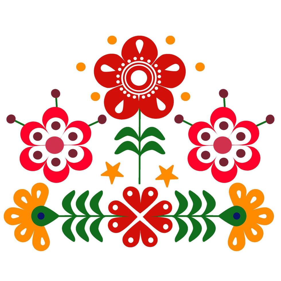 flowers style Scandinavian folk art ,floral greeting card on pattern, green ,red and orange ornament ,design elements. vector