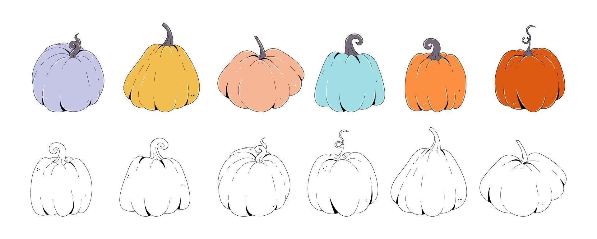 A set of pumpkins in various shapes, black and colored. Elements for autumn decorative design, halloween invitation, Thanksgiving day, harvest. collection of cute hand drawn pumpkins on vector