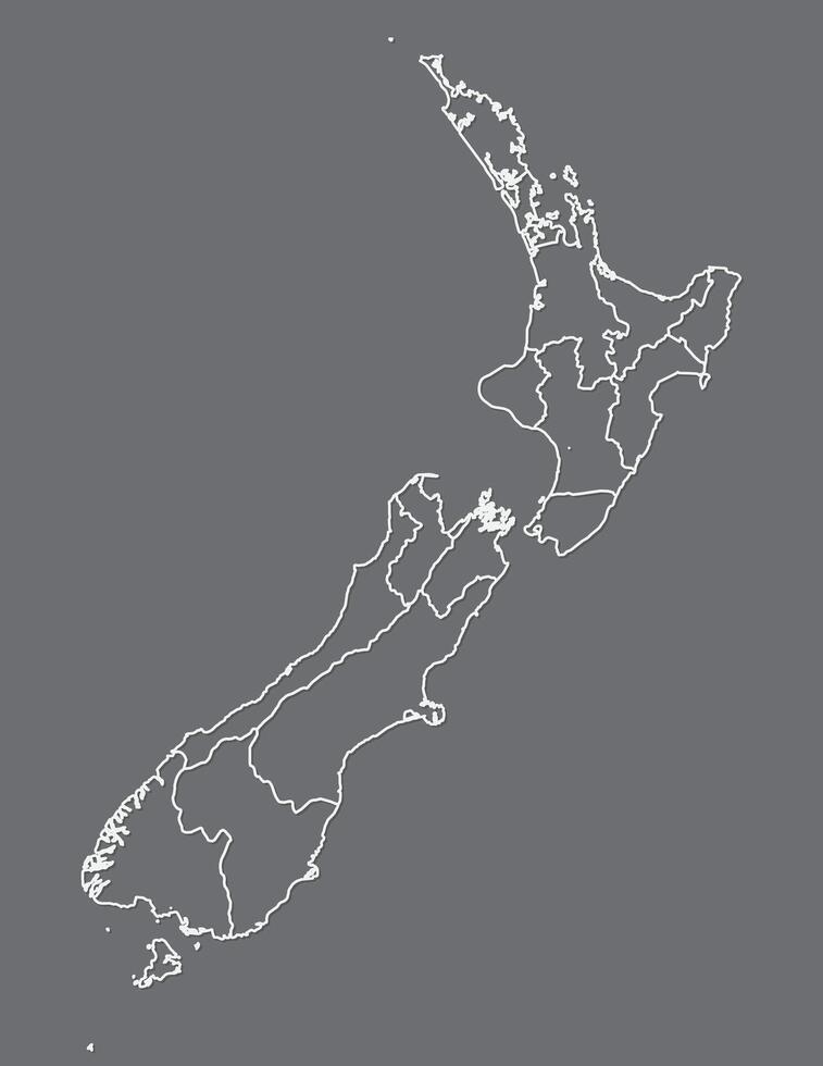 White color New Zealand map with lines of different regions on dark background illustration vector