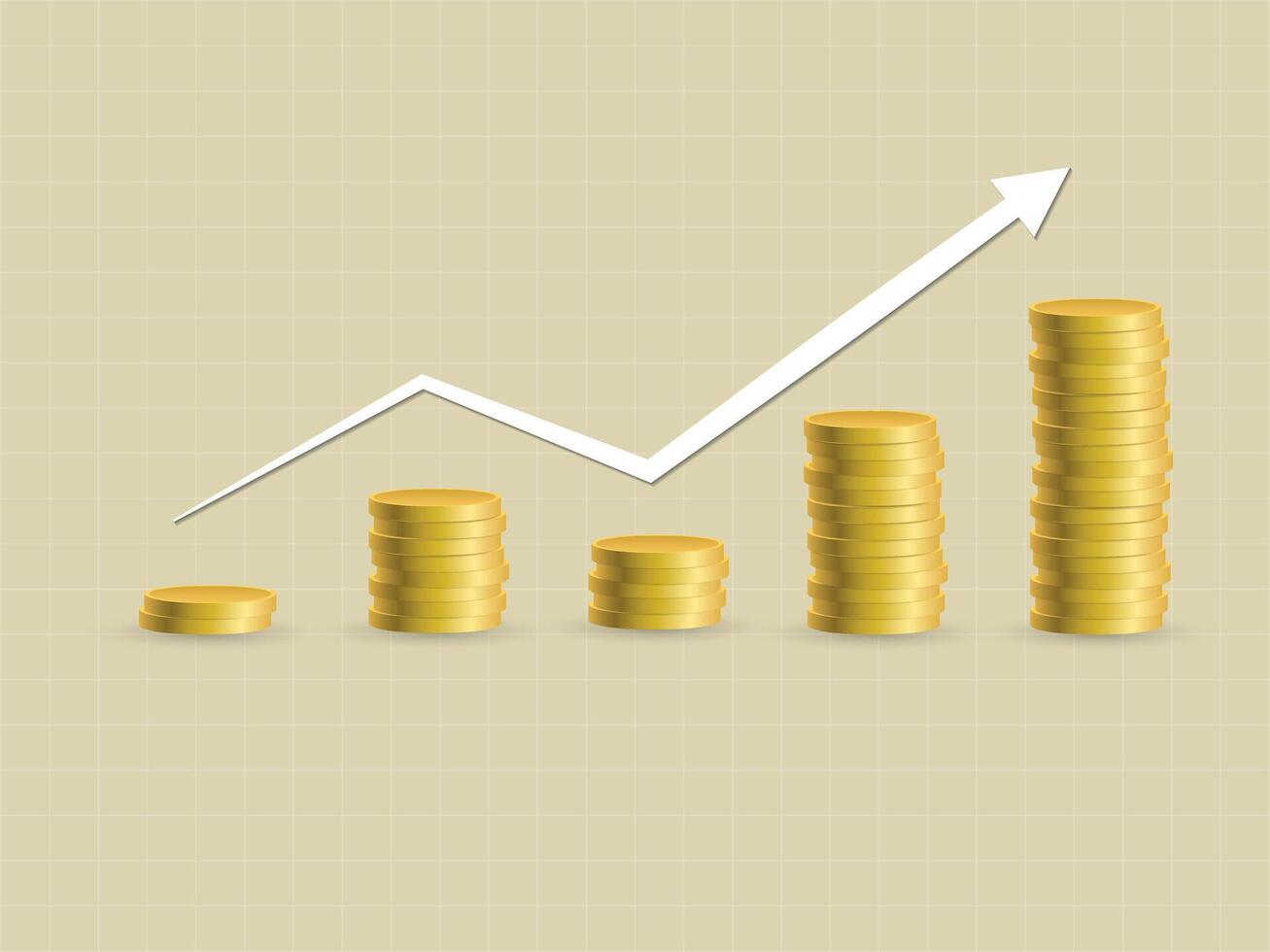 Investment growth with slight fluctuations using gold coins in business sector illustration vector