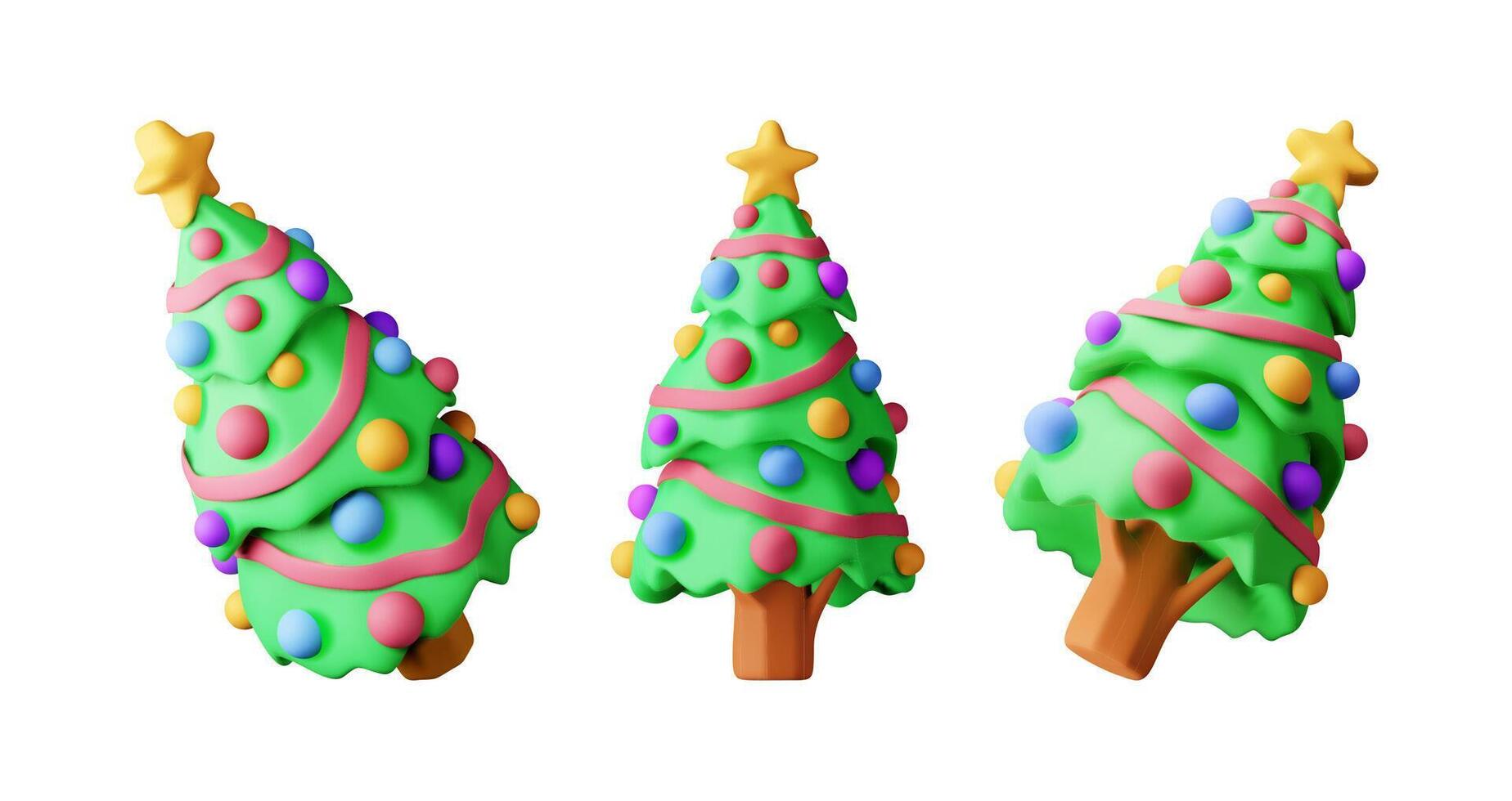 3D set of christmas tree decorated with balls, golden star. Render collection of spruce, evergreen tree. Greeting card, festive poster, party invitations. New year. vector