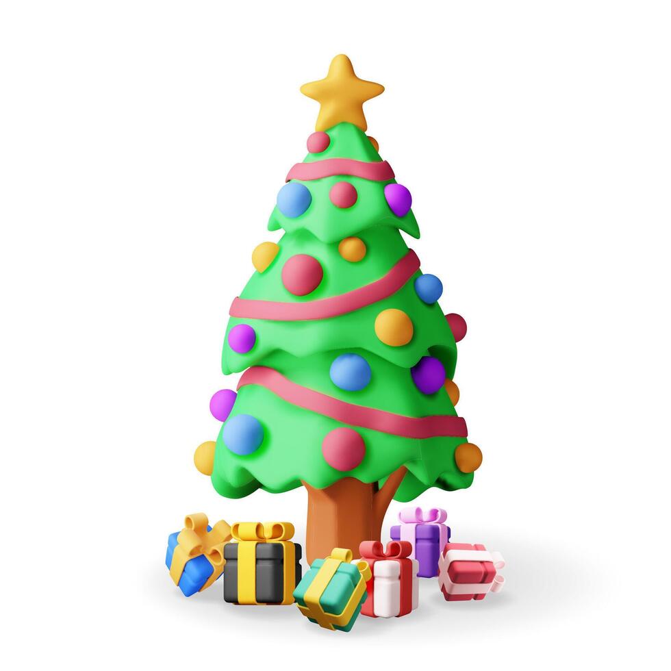 3D Christmas tree decorated with gift boxes, colorful balls, garland lights, golden star. Render spruce, evergreen tree. Greeting card, festive poster, party invitations. New year. vector