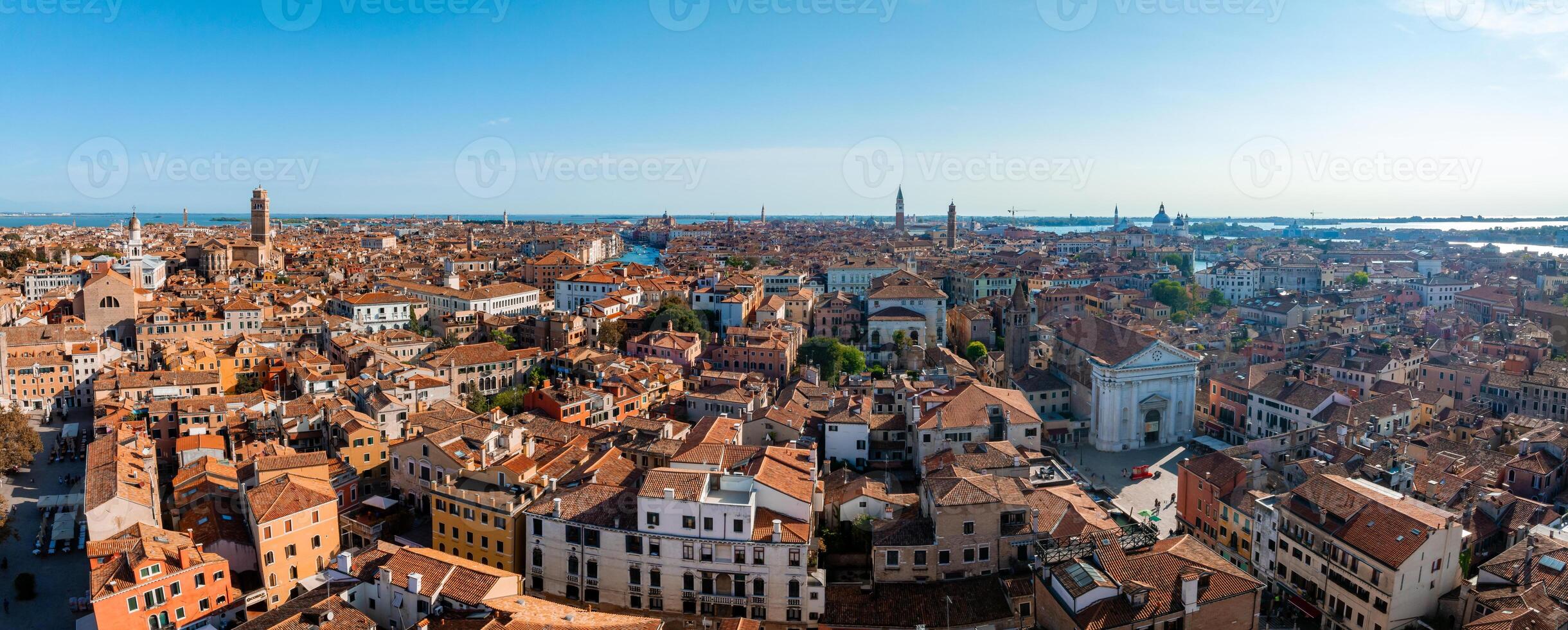 Aerial View of Venice near Saint Mark's Square, Rialto bridge and narrow canals. photo