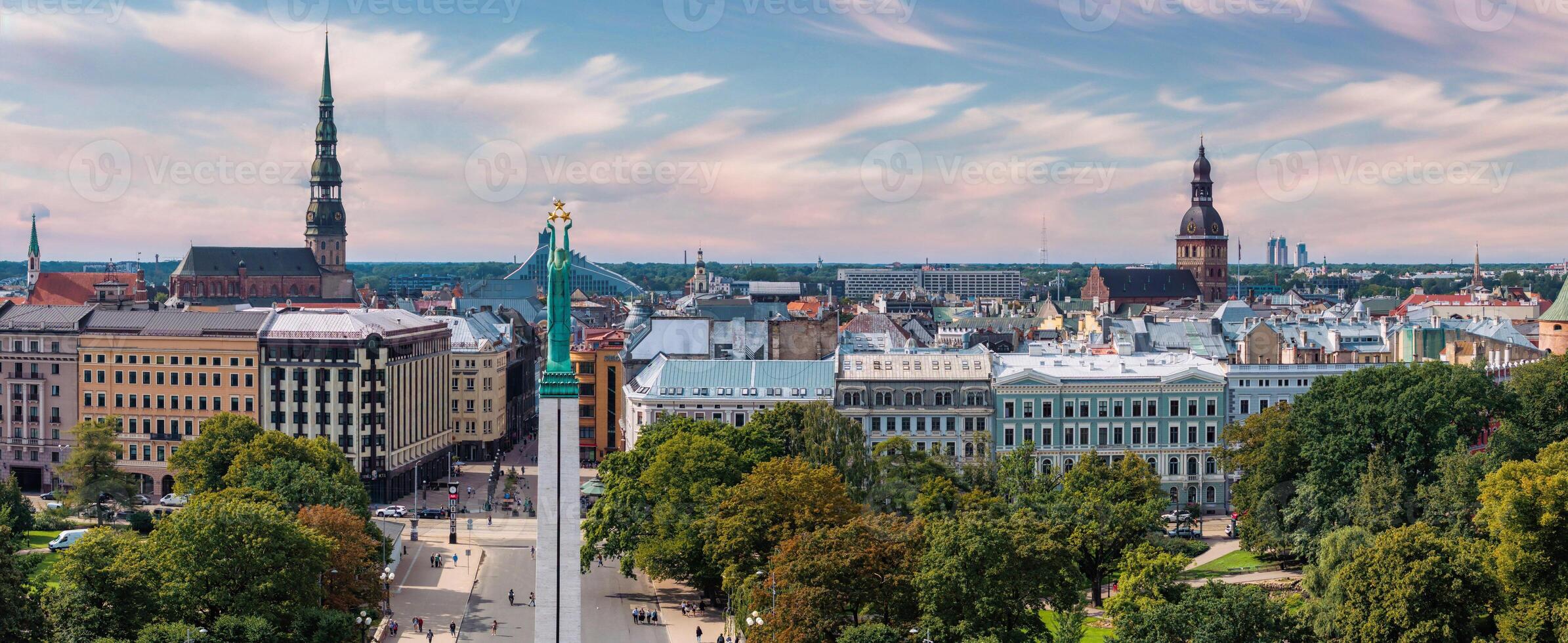 Amazing Aerial View of the Statue of Liberty Milda in Riga photo