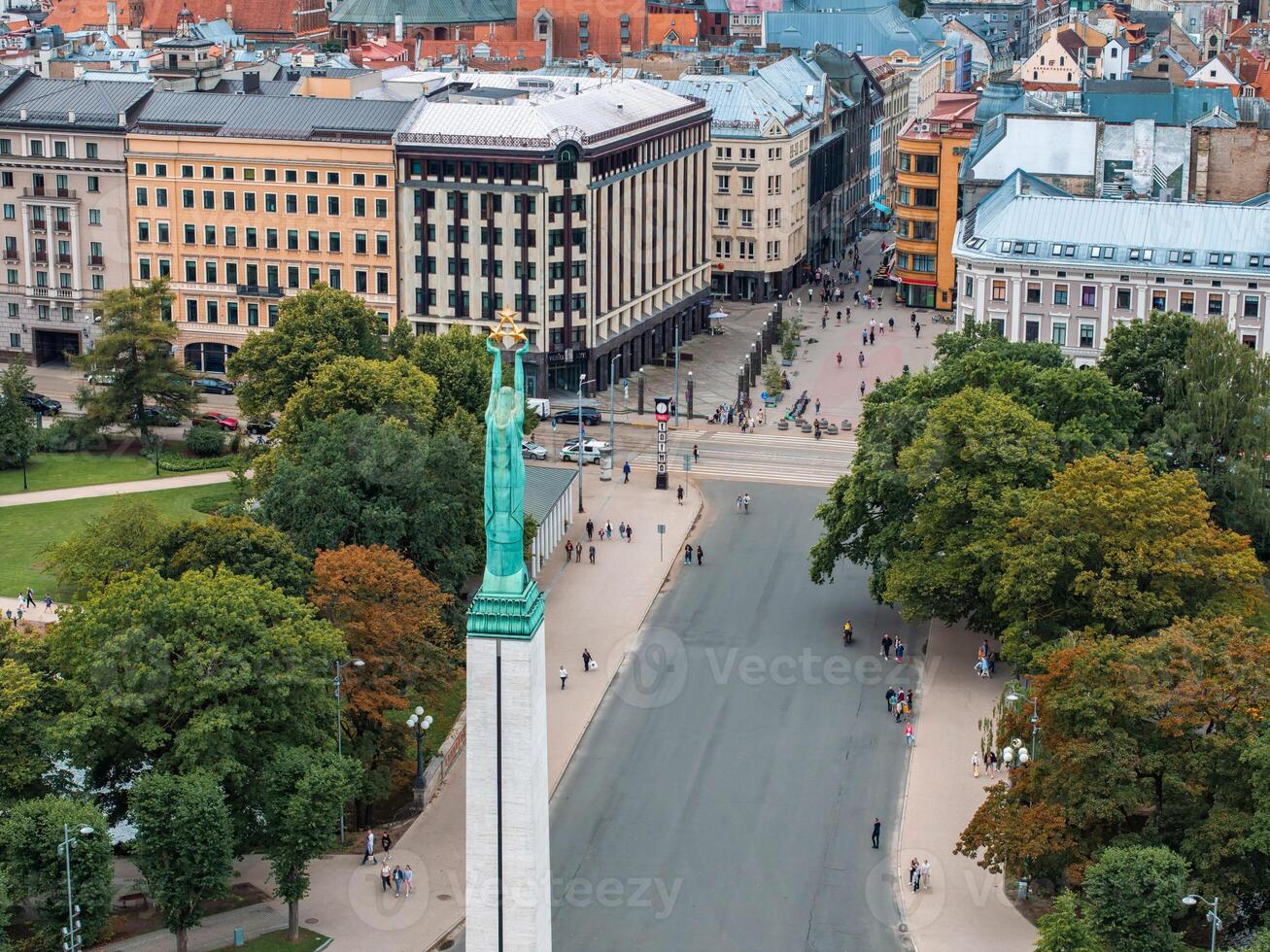 Amazing Aerial View of the Statue of Liberty Milda in Riga photo