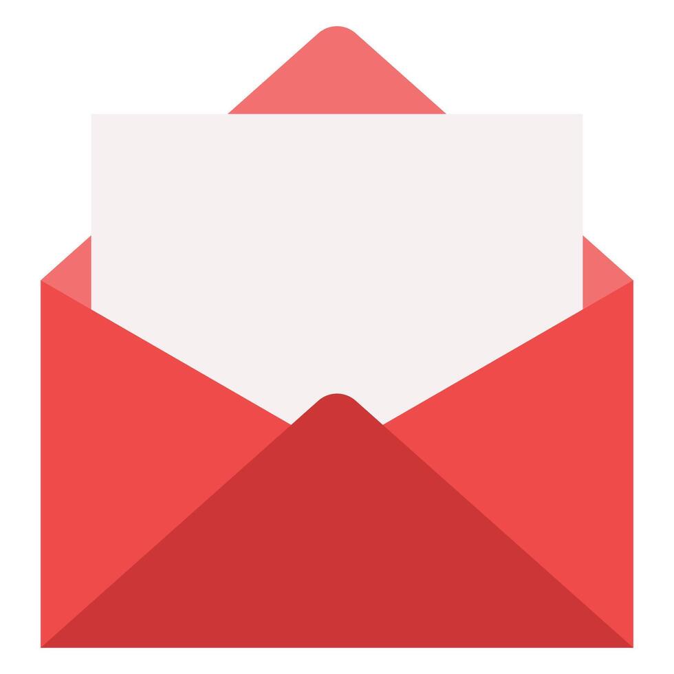 Flat illustration of open red envelope with a sheet of paper inside isolated on white background. vector
