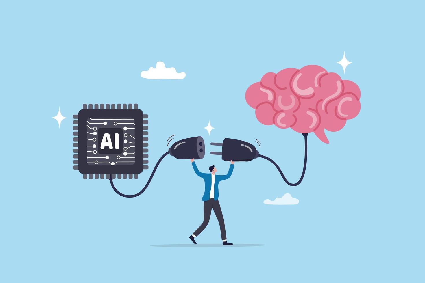 AI machine learning, neural network technology or human to work together with AI artificial intelligence, innovation technology concept, businessman connect human brain with AI chip processing unit. vector