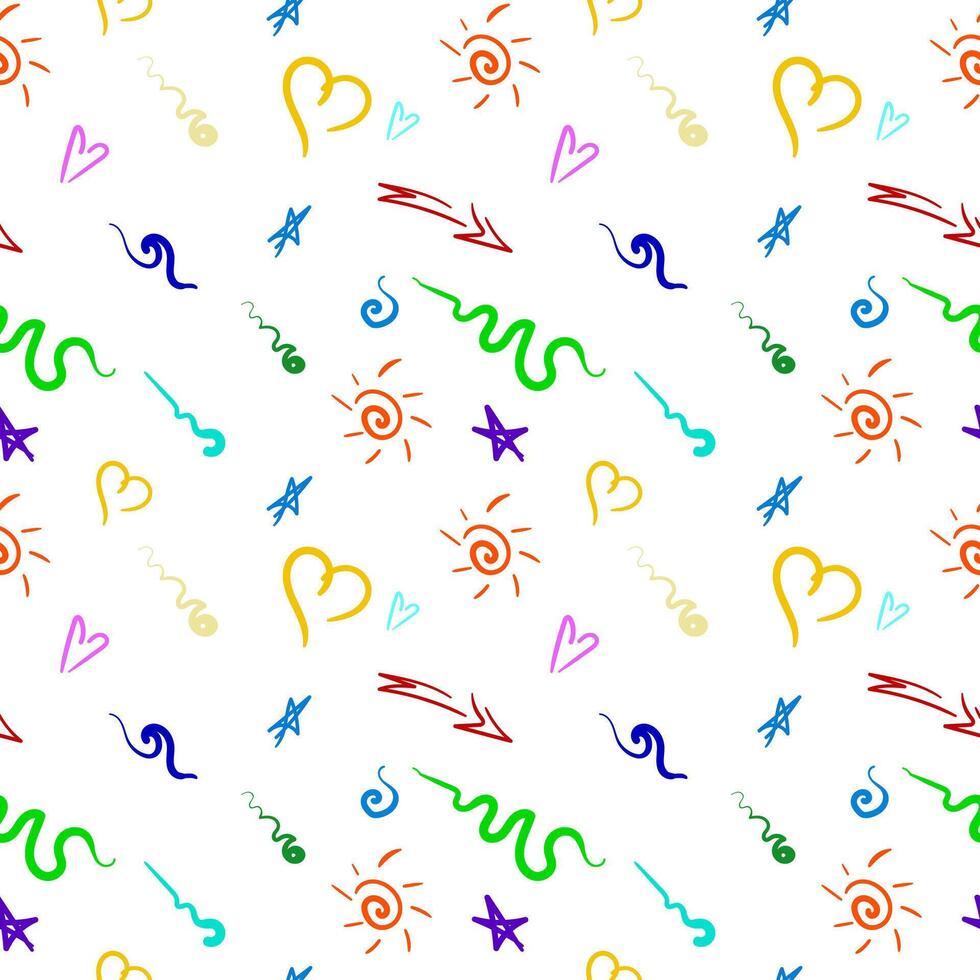 Fun Doodle sketch style of colorful shapes and lines on white background. colorful figure heart, star, sun and waves doodle seamless pattern vector