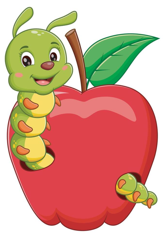 Smiling green caterpillar inside a red apple with leaf. Perfect for children books, nature magazines, educational materials vector