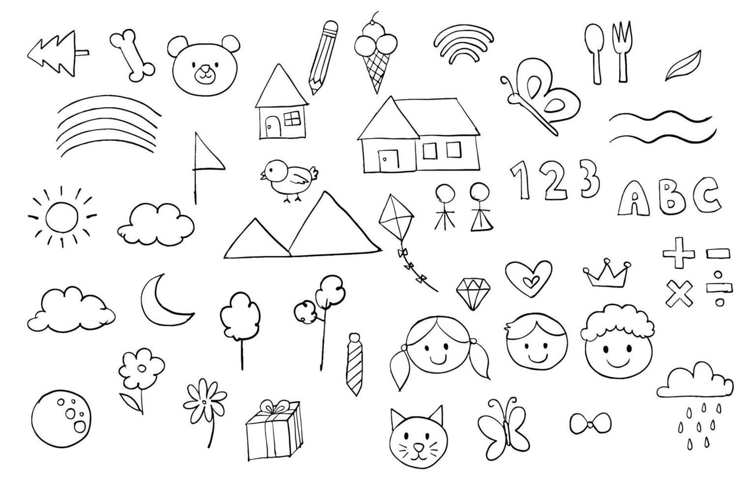 cute scribble element object with bear,tree,rainbow,123,abc,flower vector