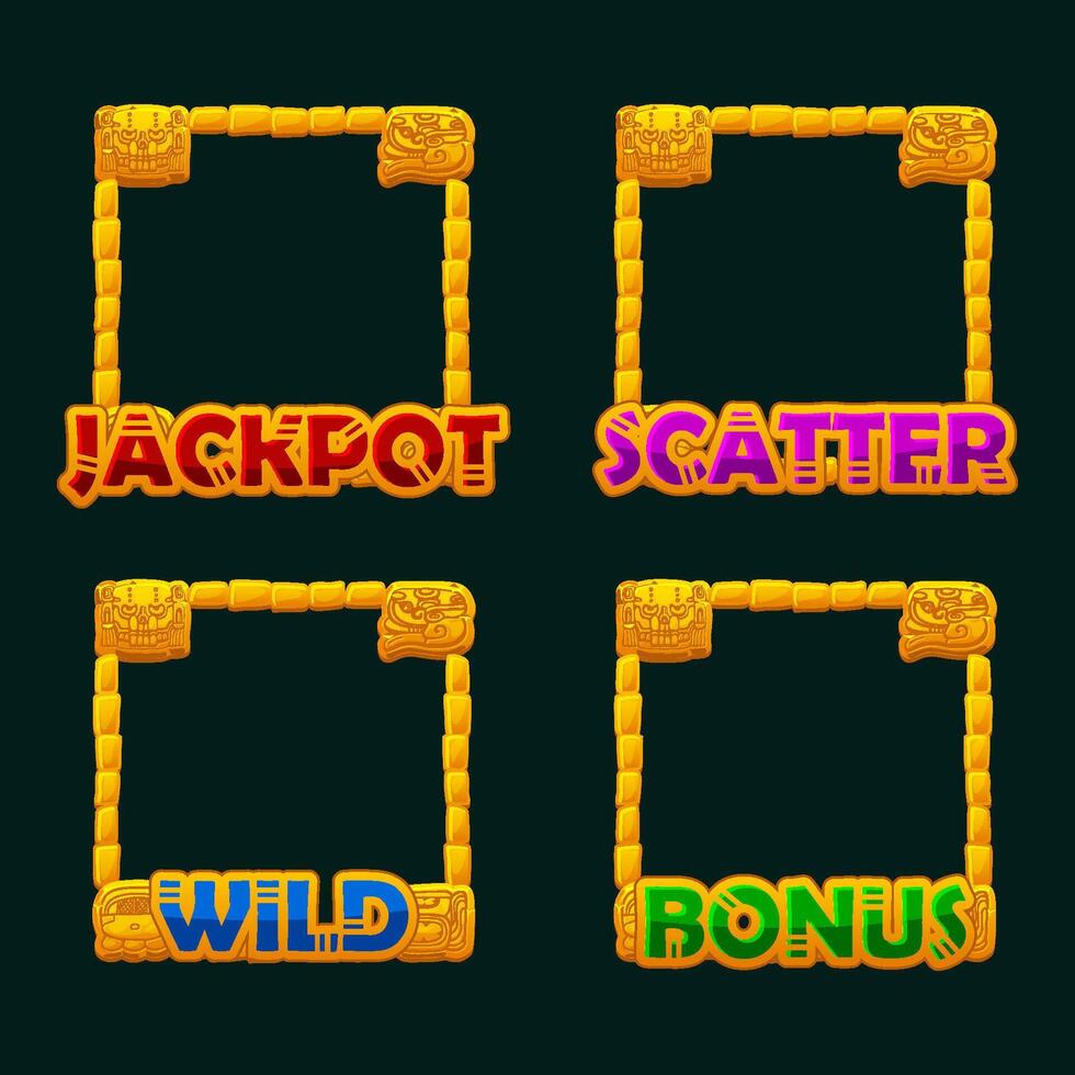 Golden Maya or Aztec carton game frames for slot icons. Jackpot, Bonus, Wild and Scatter frames. UI objects vector