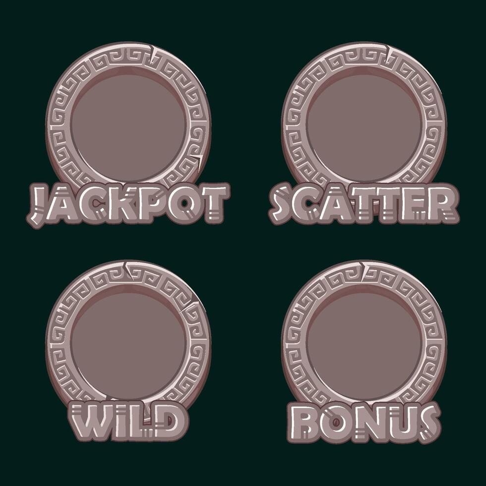 Round stone frame. Empty Maya or Aztec circles game frames for Jackpot, Bonus, Wild and Scatter slot symbols. APP frames vector