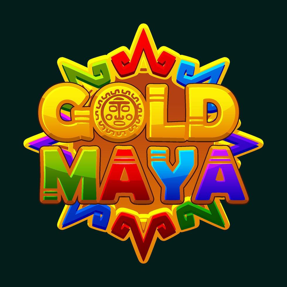 Icon for casino-themed Maya game. Logo- Maya gold, textured and volumetric text for your games. Aztec solar disk, sun symbol, representing the Maya sun vector