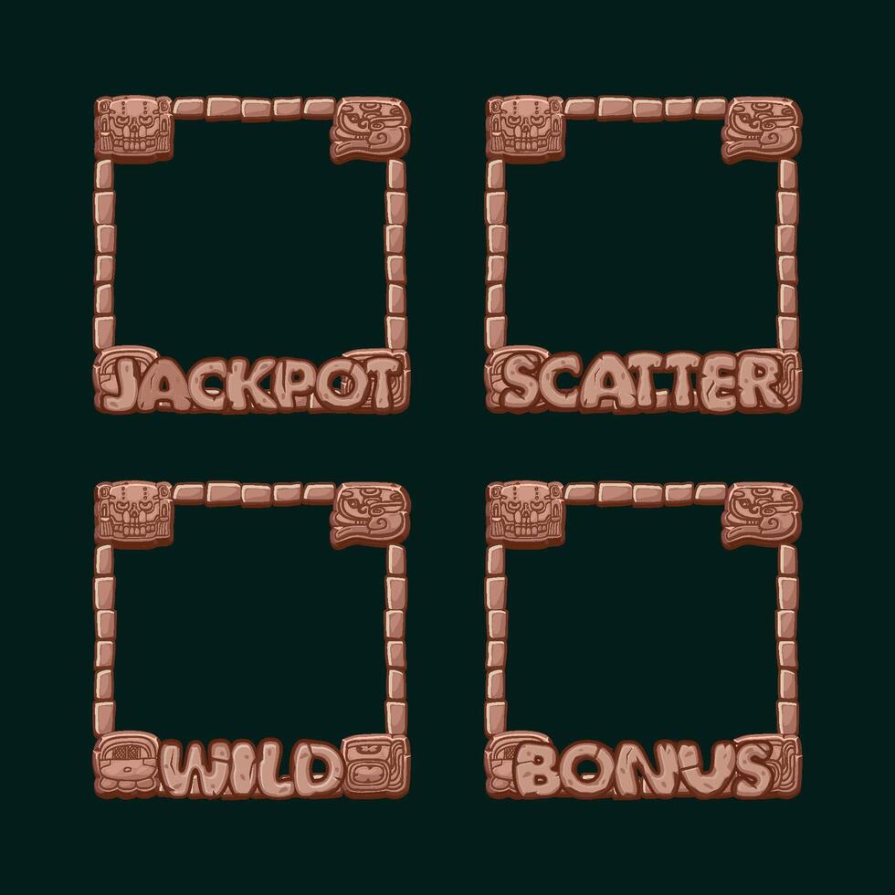 Maya or Aztec carton game frames for slot icons. Jackpot, Bonus, Wild and Scatter frames. UI objects vector